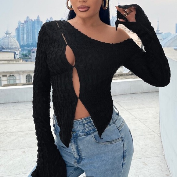 Black Asymmetrical Neck Cut Out Crop Top - Picture 1 of 7